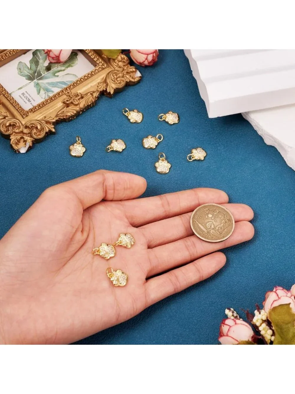 18K Gold Dog Paw Print Charms - 10Pcs Rhinestone Animal Pendants for Jewelry